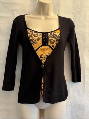 August silk Black Cardigan with Yellow Leopard attached Print panel Sz-S. R8